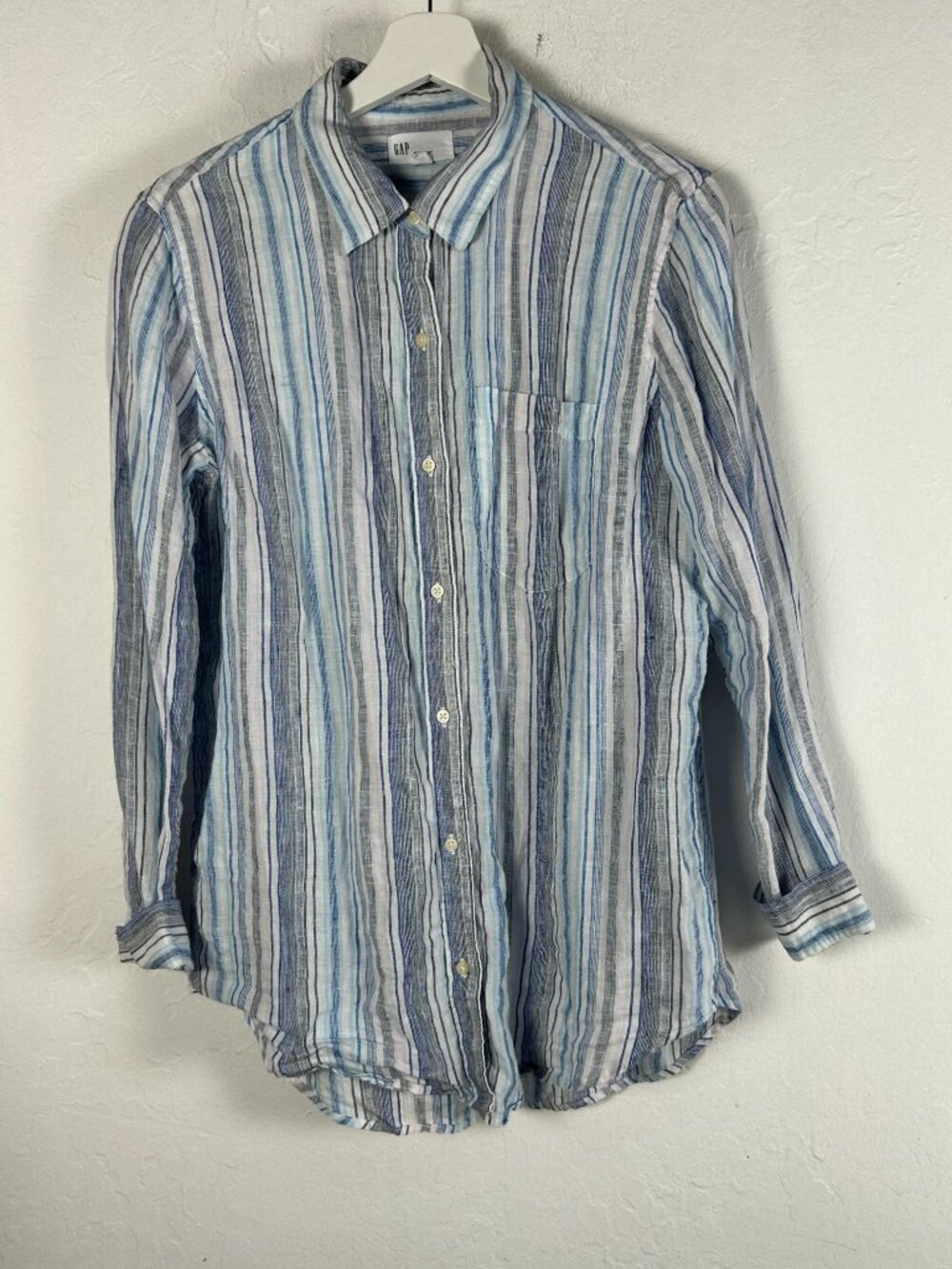 Gap Womens Blue White Striped 100% Linen Long-Sleeve Boyfriend Fit Shirt Medium